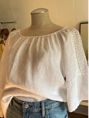 White Linen Crochet-Sleeve Peasant Top - Women